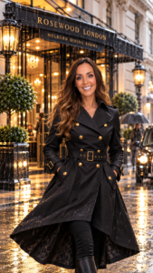 Twirling in a raincoat, Bianca Best in rainy London